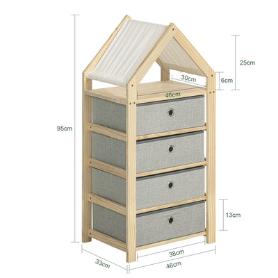 SoBuy STR08-N Raft de depozitare pentru copii Raft multifuncțional în design de castel cu 4 coșuri textile