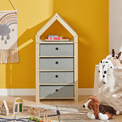 SoBuy STR08-N Raft de depozitare pentru copii Raft multifuncțional în design de castel cu 4 coșuri textile