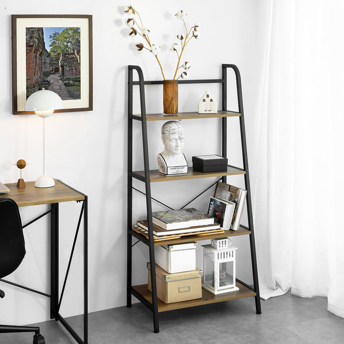 SoBuy STR09-PF Bibliothèque Étagère échelle à 4 Niveaux Étagère de Rangement Cadre en Métal Stable, Style Industriel
