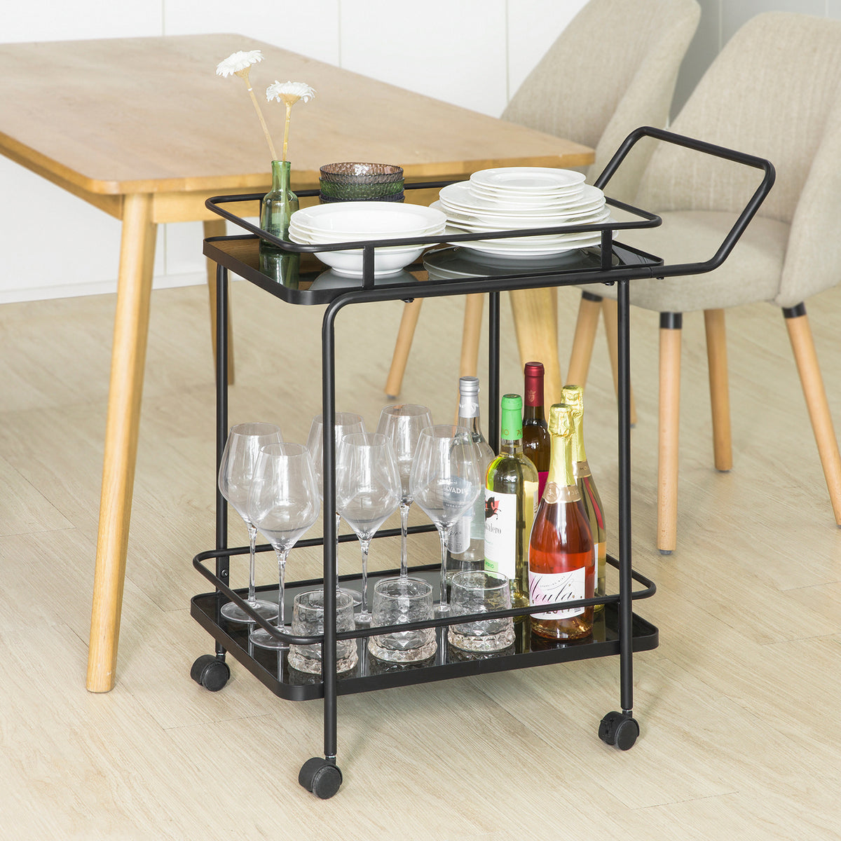 SoBuy SVW14-Sch Chariot de Bar Desserte sur Roulettes Chariot de Service Cuisine Structure en Métal