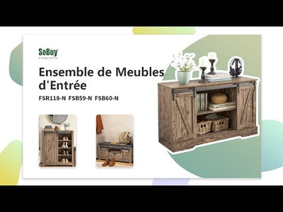 SoBuy FSR118-N Banc à Chaussures avec Porte de Grange Coulissante, Tiroir et Coussin Rembourré pour Entrée – 101x35x46 cm, Naturel