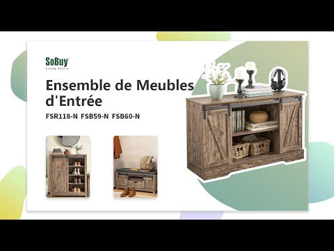 SoBuy FSR118-N Banc à Chaussures avec Porte de Grange Coulissante, Tiroir et Coussin Rembourré pour Entrée – 101x35x46 cm, Naturel